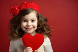 ai generado retrato de un linda pequeño niña con rojo corazón en san valentin día concepto. foto