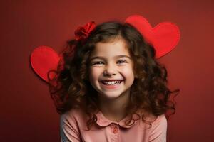 ai generado retrato de un linda pequeño niña con rojo corazón en san valentin día concepto. foto