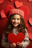 AI generated Portrait of a cute little girl with red heart on Valentines day concept. photo