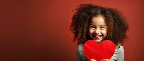 ai generado retrato de un linda pequeño niña con rojo corazón en san valentin día concepto. foto