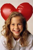 AI generated Portrait of a cute little girl with red heart on Valentines day concept. photo