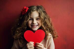 ai generado retrato de un linda pequeño niña con rojo corazón en san valentin día concepto. foto