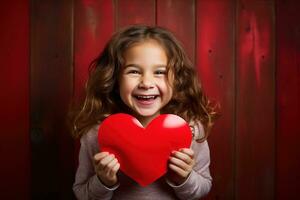 ai generado retrato de un linda pequeño niña con rojo corazón en san valentin día concepto. foto