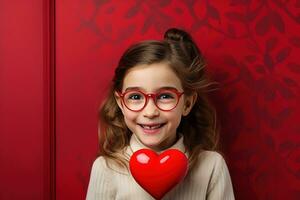 ai generado retrato de un linda pequeño niña con rojo corazón en san valentin día concepto. foto