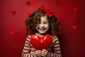 ai generado retrato de un linda pequeño niña con rojo corazón en san valentin día concepto. foto