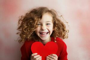 AI generated Portrait of a cute little girl with red heart on Valentines day concept. photo