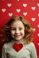 ai generado retrato de un linda pequeño niña con rojo corazón en san valentin día concepto. foto