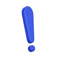 Blue Realistic exclamation mark, caution icon,  front view is slightly tilted to the side, 3d rendering, illustration. photo