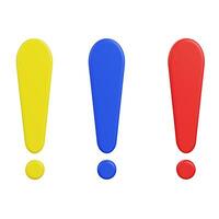 red yellow and blue  Realistic exclamation mark, caution icon,  front view , 3d rendering, illustration. photo