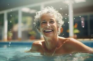 AI generated woman laughing while swimming in an indoor pool photo