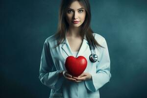 ai generado joven hembra médico participación un rojo corazón en un mesa foto