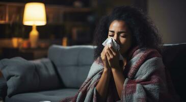AI generated woman blowing her nose while on couch having cold photo