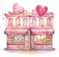 ai generado dos dulce tiendas con muchos corazones en parte superior foto