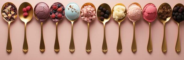 AI generated various spoons with different flavors of ice cream and various toppings photo