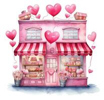 ai generado dos dulce tiendas con muchos corazones en parte superior foto