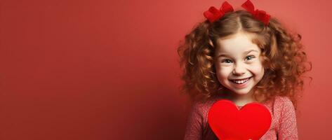 ai generado retrato de un linda pequeño niña con rojo corazón en san valentin día concepto. foto