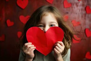 ai generado retrato de un linda pequeño niña con rojo corazón en san valentin día concepto. foto