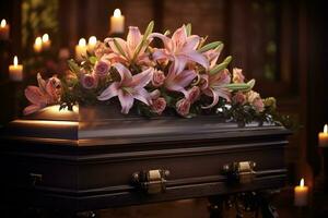 AI generated Funeral casket with flowers on dark background photo