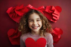 ai generado retrato de un linda pequeño niña con rojo corazón en san valentin día concepto. foto