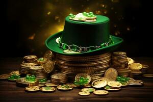 AI generated St. Patrick's Day background with leprechaun hat, coins and flowers photo