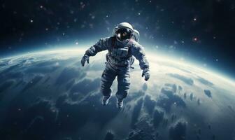 AI generated this image shows a man in space flying against the earth photo