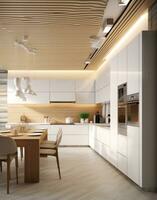 AI generated the white kitchen with wooden ceilings and white walls photo