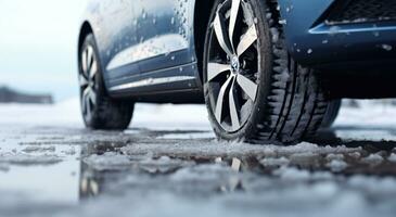 AI generated slick winter car tire scene isolated on white snow photo