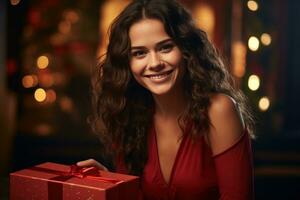 AI generated smiling young women with red gift box with smile on her face photo