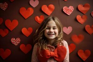 ai generado retrato de un linda pequeño niña con rojo corazón en san valentin día concepto. foto