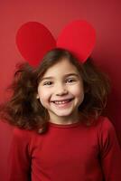 AI generated Portrait of a cute little girl with red heart on Valentines day concept. photo