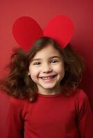 ai generado retrato de un linda pequeño niña con rojo corazón en san valentin día concepto. foto