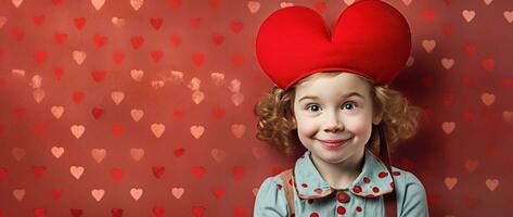 ai generado retrato de un linda pequeño niña con rojo corazón en san valentin día concepto. foto