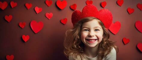 ai generado retrato de un linda pequeño niña con rojo corazón en san valentin día concepto. foto