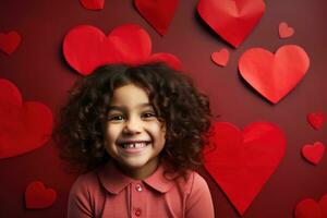 AI generated Portrait of a cute little girl with red heart on Valentines day concept. photo