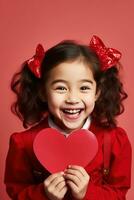AI generated Portrait of a cute little girl with red heart on Valentines day concept. photo