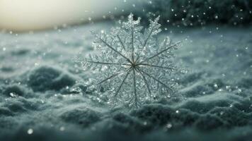 AI generated Depict the microscopic world within a snowflake, exploring its delicate structure. photo