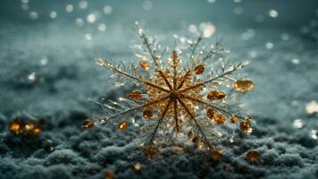 AI generated Depict the microscopic world within a snowflake, exploring its delicate structure. photo