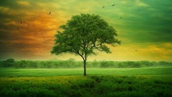 AI generated Analyze the impact of climate change on the absolute green tree nature background, considering its effects on both plant life and the migratory patterns of colorful birds. photo