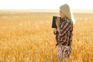 mujer participación un Biblia, un natural campo. foto