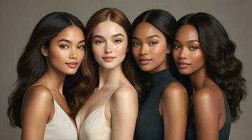 AI generated Beautiful young multiethnic women with natural makeup. Advertising for female fashion models, face and body skin care. photo