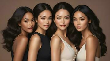 AI generated Beautiful young multiethnic women with natural makeup. Advertising for female fashion models, face and body skin care. photo