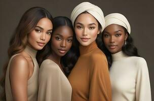 AI generated Beautiful young multiethnic women with natural makeup. Advertising for female fashion models, face and body skin care. photo