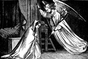 The Annunciation, Gabriel Appears to Mary vintage illustration. vector