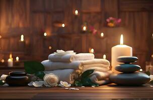 ai generado spa tratamiento aroma terapia con velas, piedras y flores para relajarse bienestar. foto