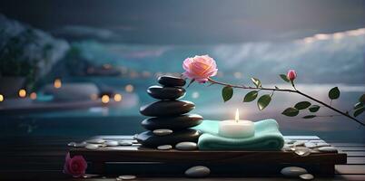 AI generated Spa treatment aroma therapy with candles, Stones and flowers for relax wellness. photo