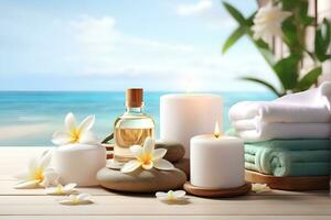 AI generated Spa treatment aroma therapy with candles, Stones and flowers for relax wellness. photo