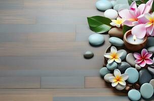 ai generado spa tratamiento aroma terapia con velas, piedras y flores para relajarse bienestar. foto