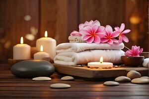 AI generated Spa treatment aroma therapy with candles, Stones and flowers for relax wellness. photo