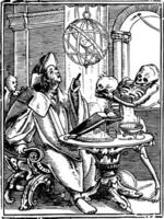 Dance of Death, The Astrologer from Hans Holbein's series of engravings, vintage engraving. vector