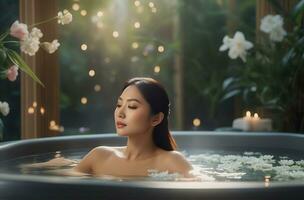 AI generated beautiful woman undergoing Therapy and bathing treatment in spa studio photo